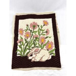 Needlepoint Bunny Portrait Flowers Rabbit Bernat 1970s Unframed 14"x17.5"